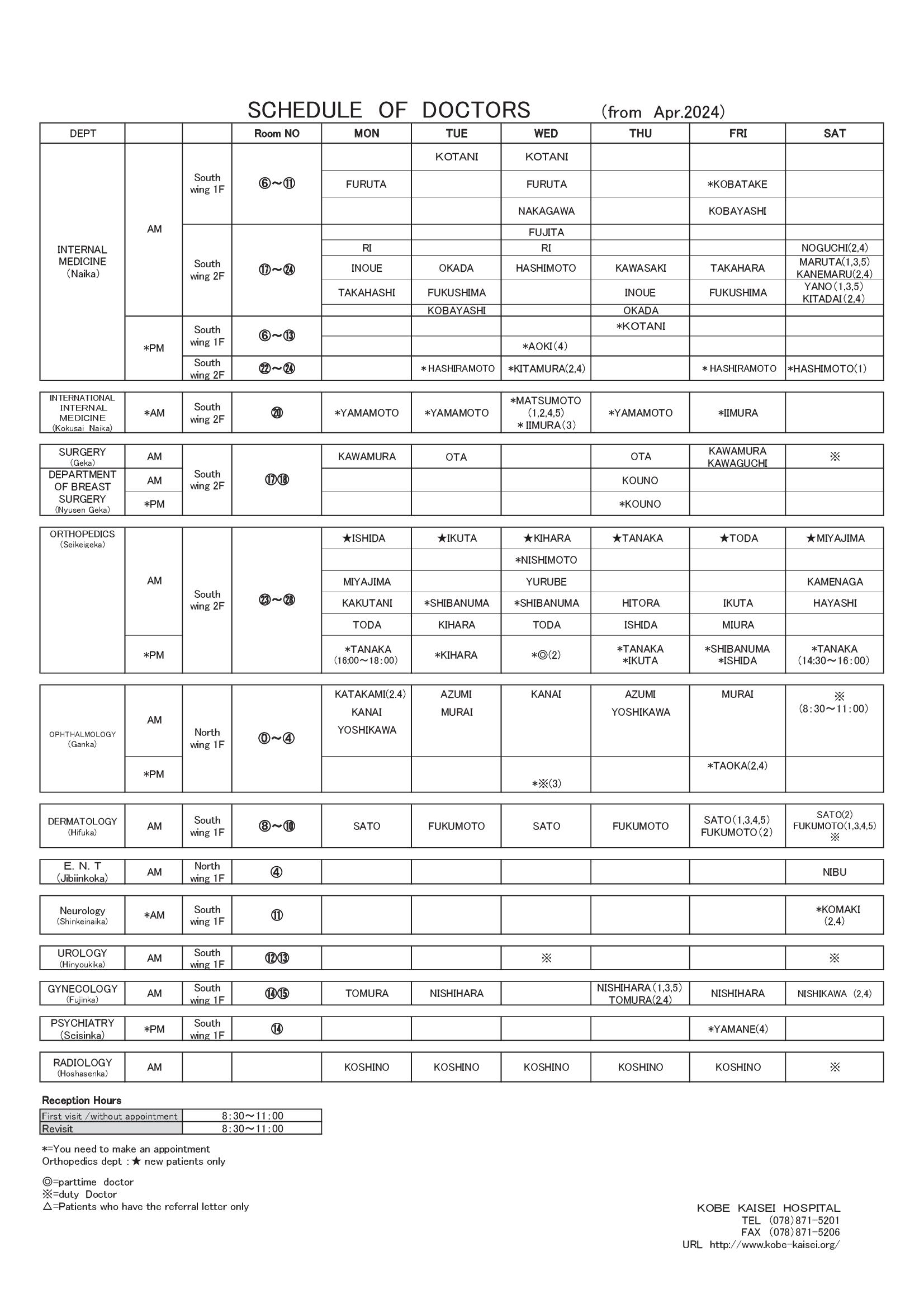 Schedule of Doctors
