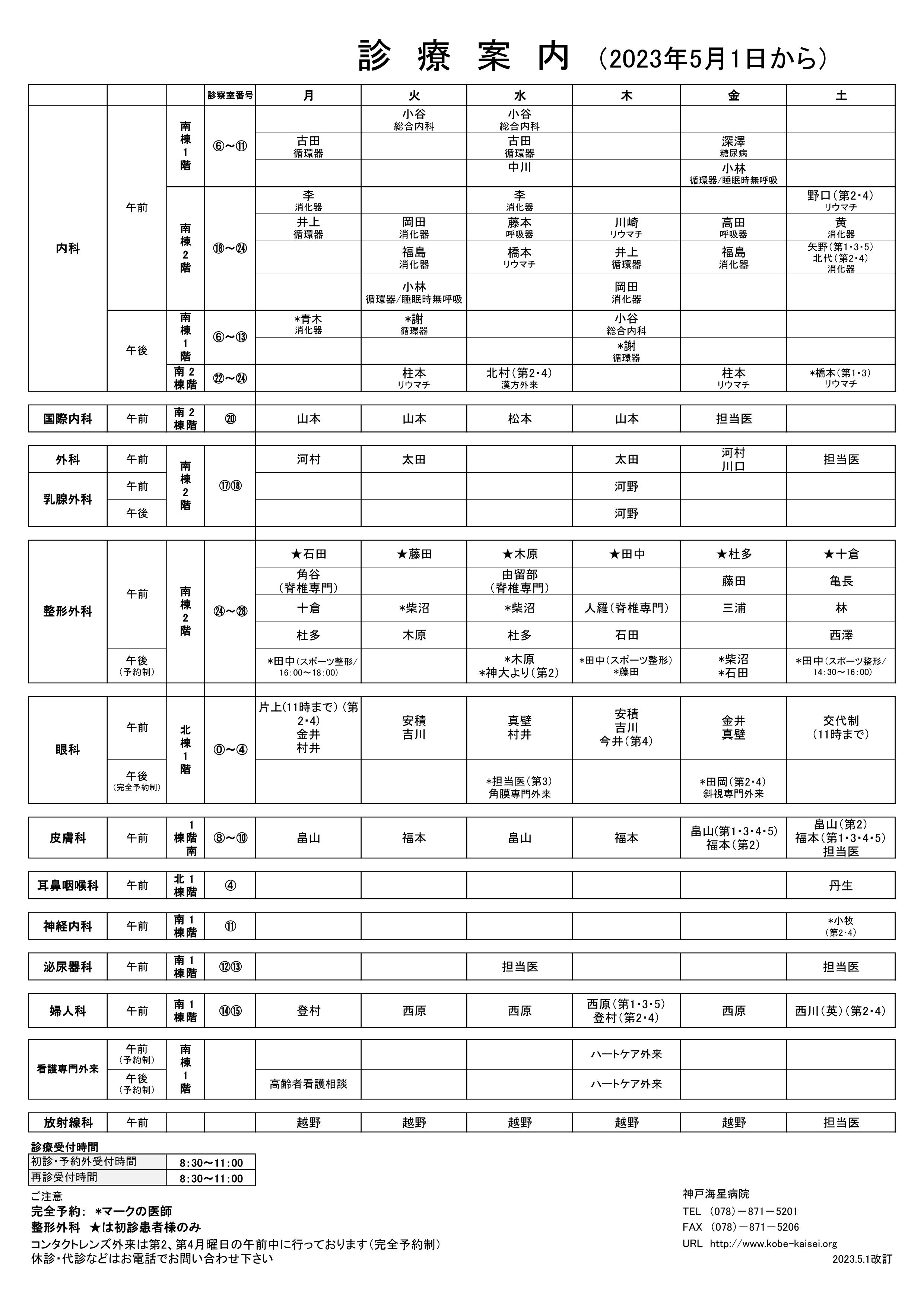 外来担当表