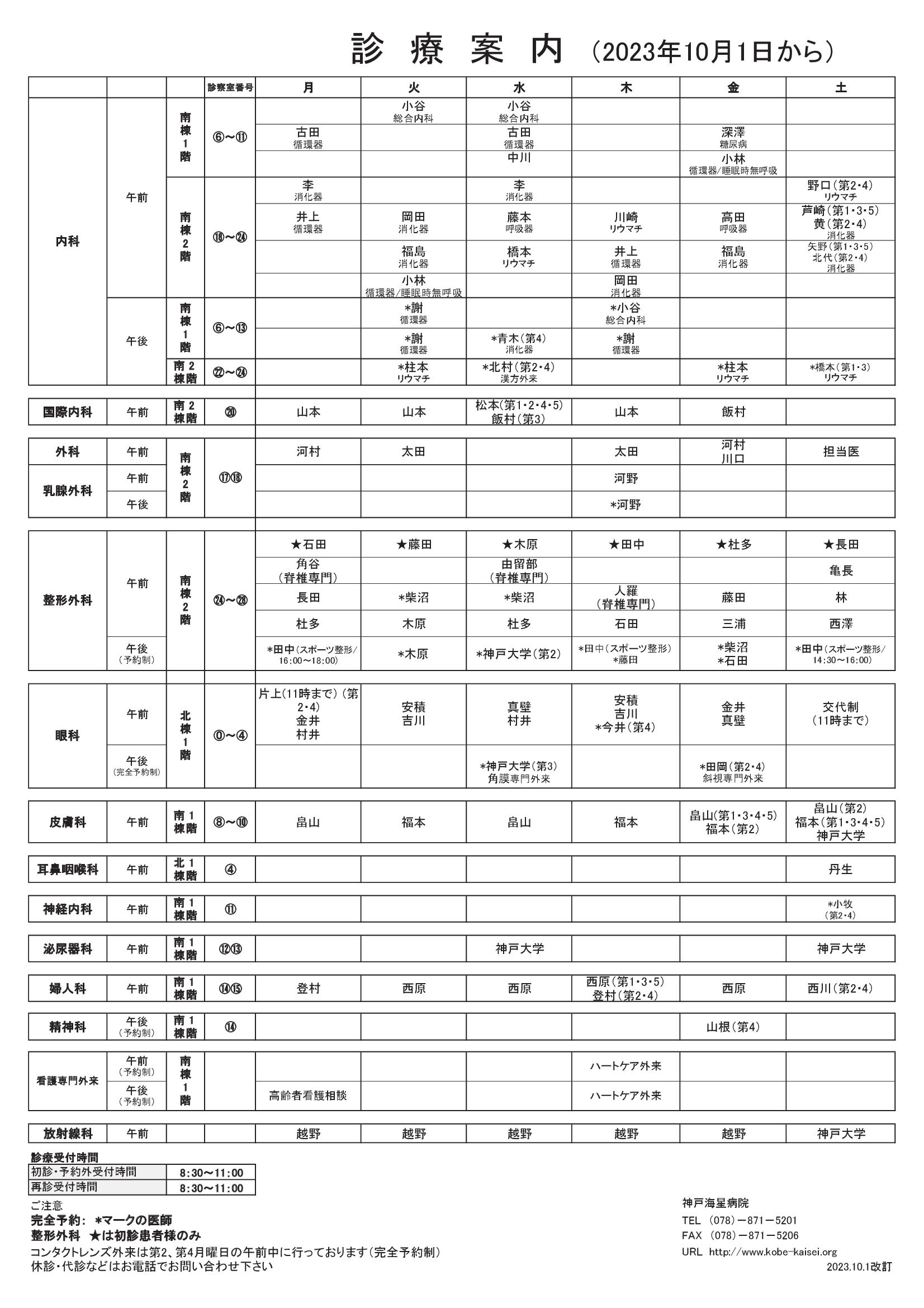 外来担当表