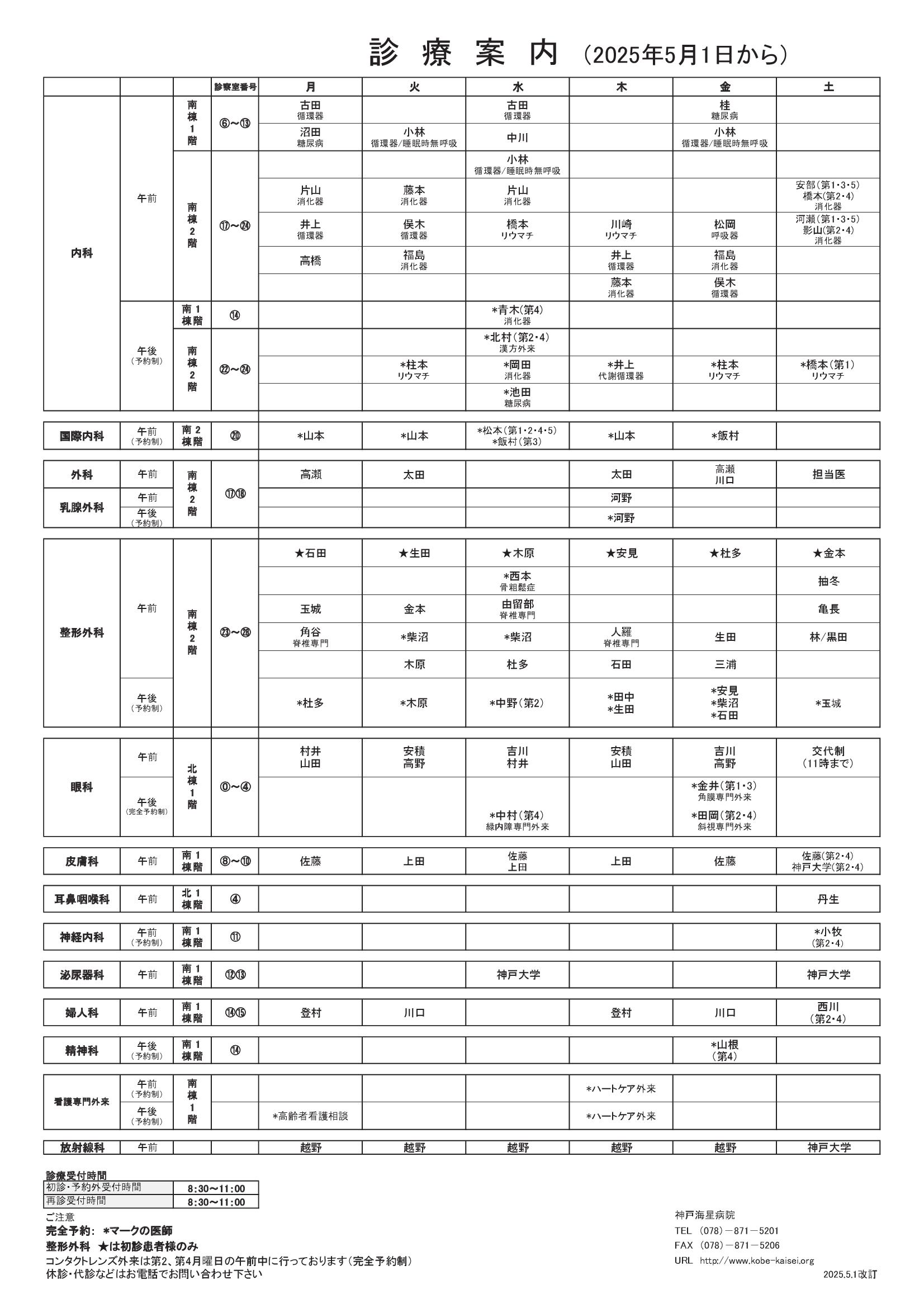 外来担当表