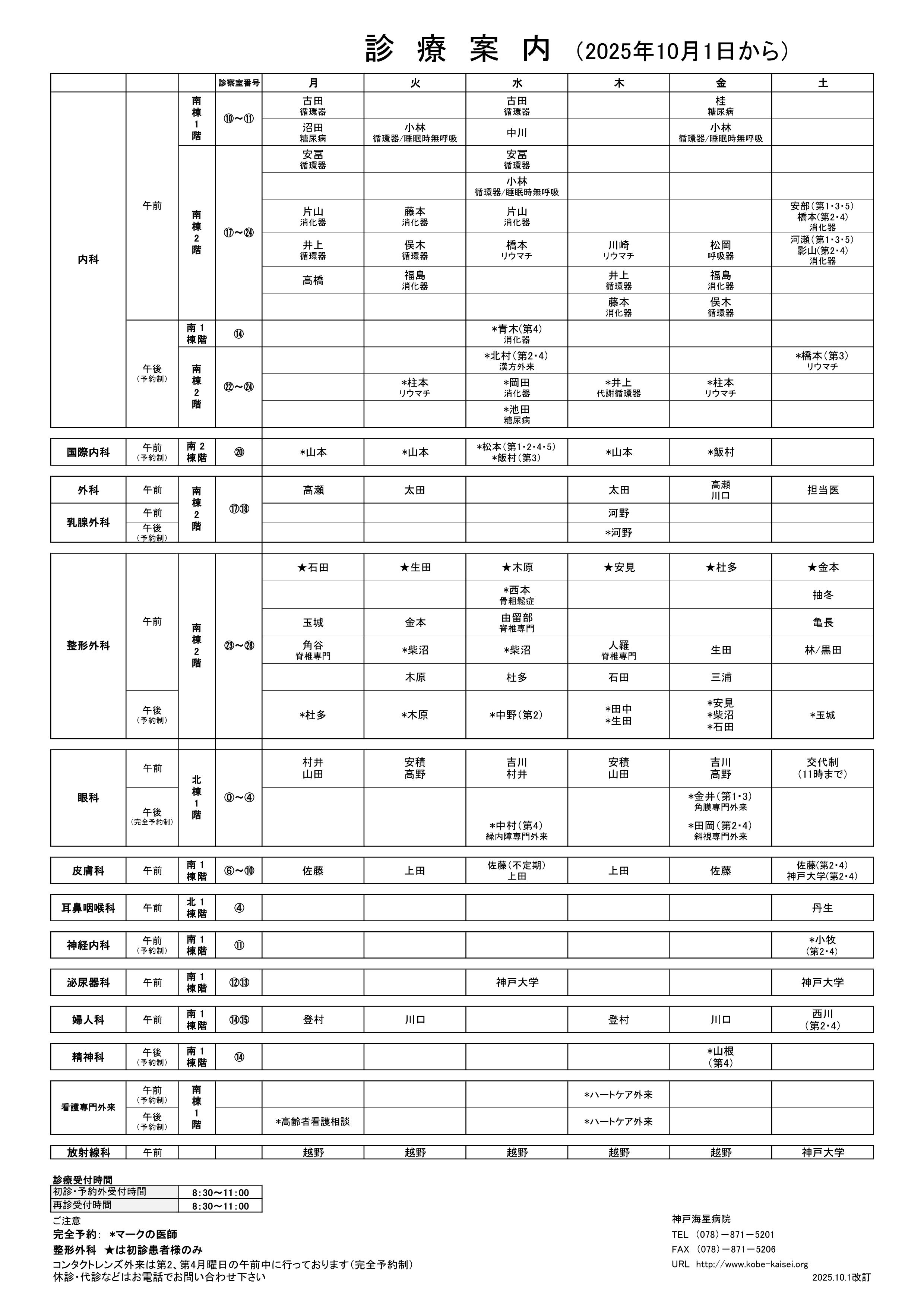 外来担当表