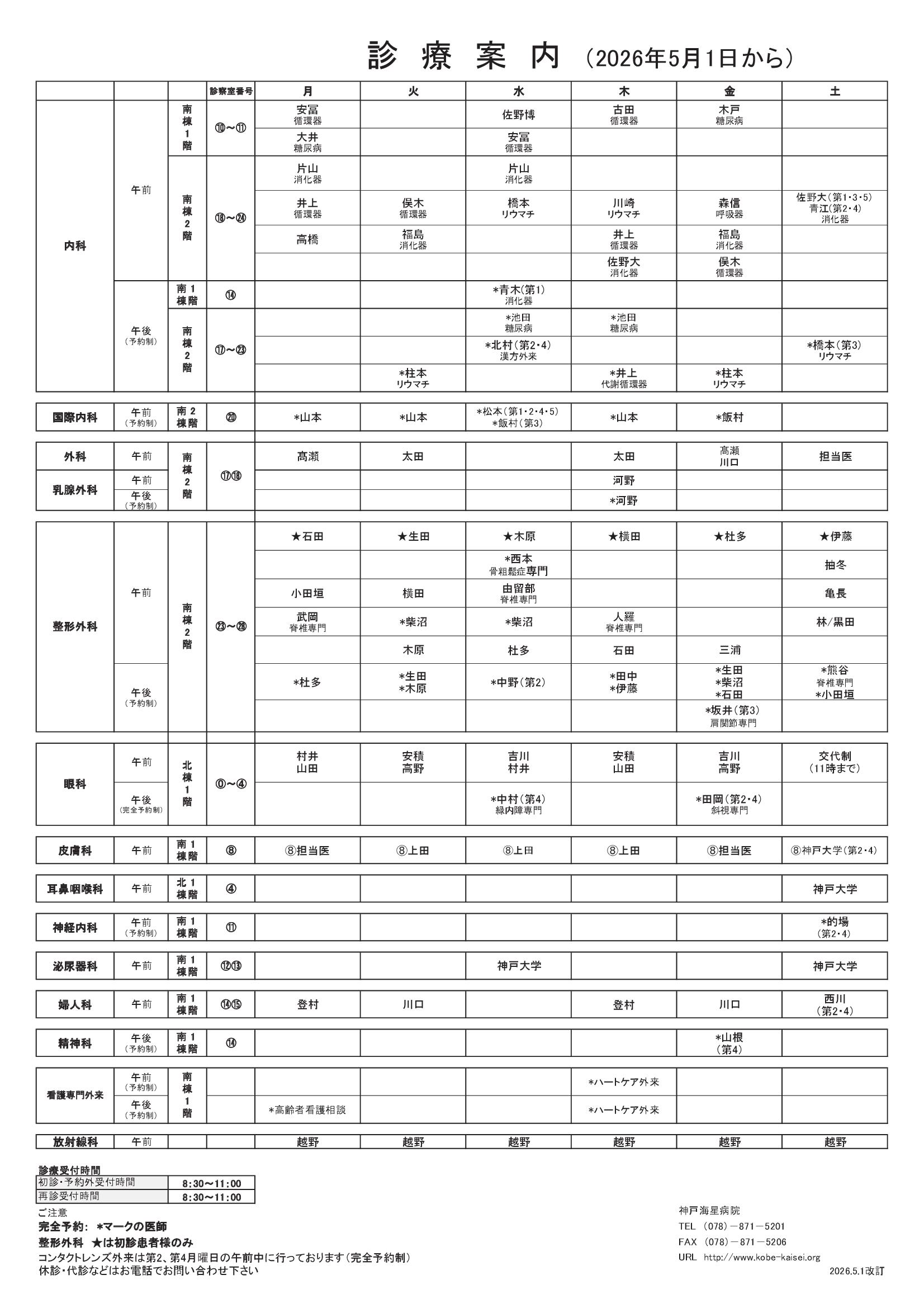 外来担当表