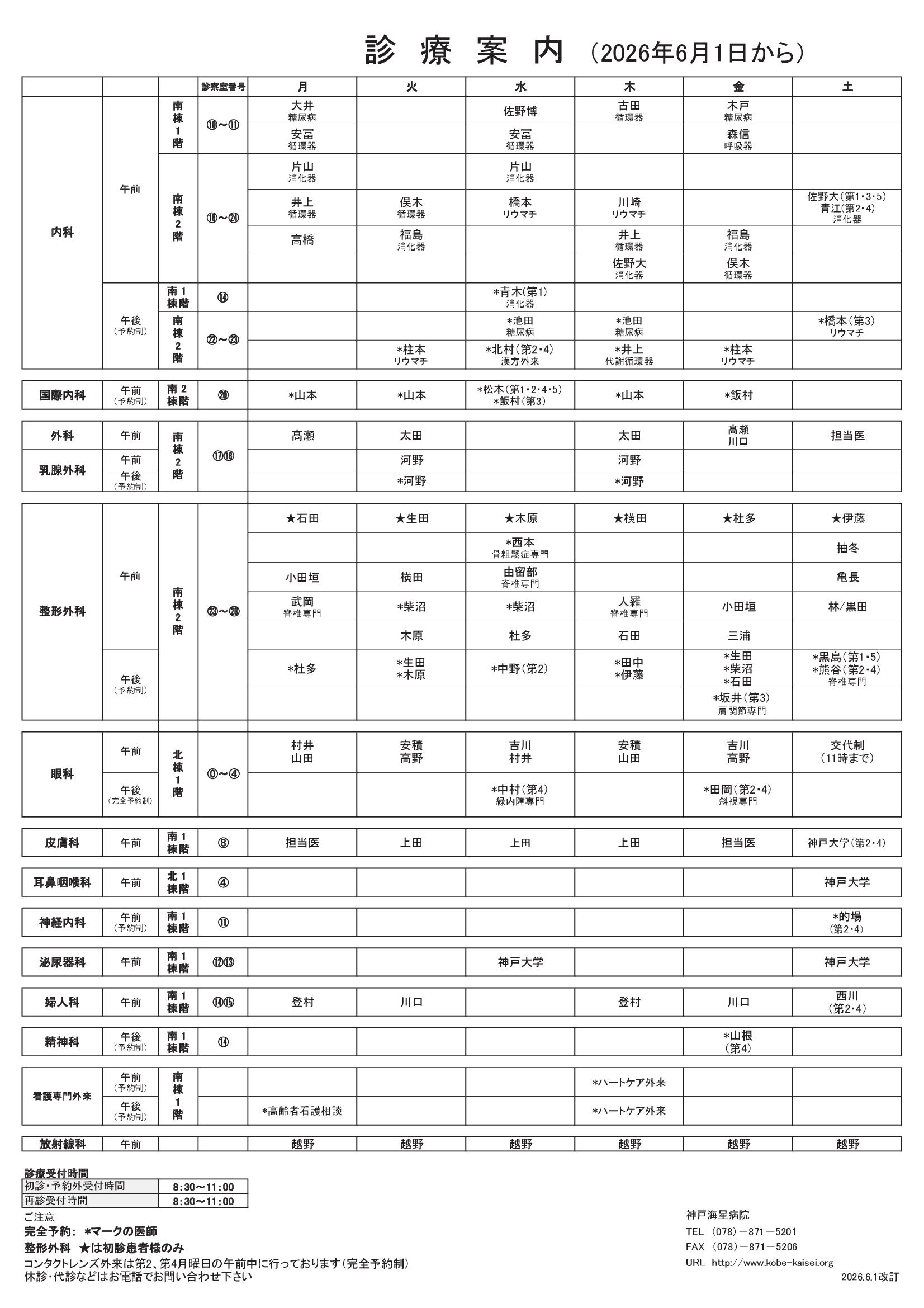 外来担当表